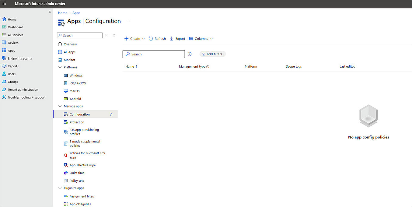 Screenshot of select configuration button in Intune